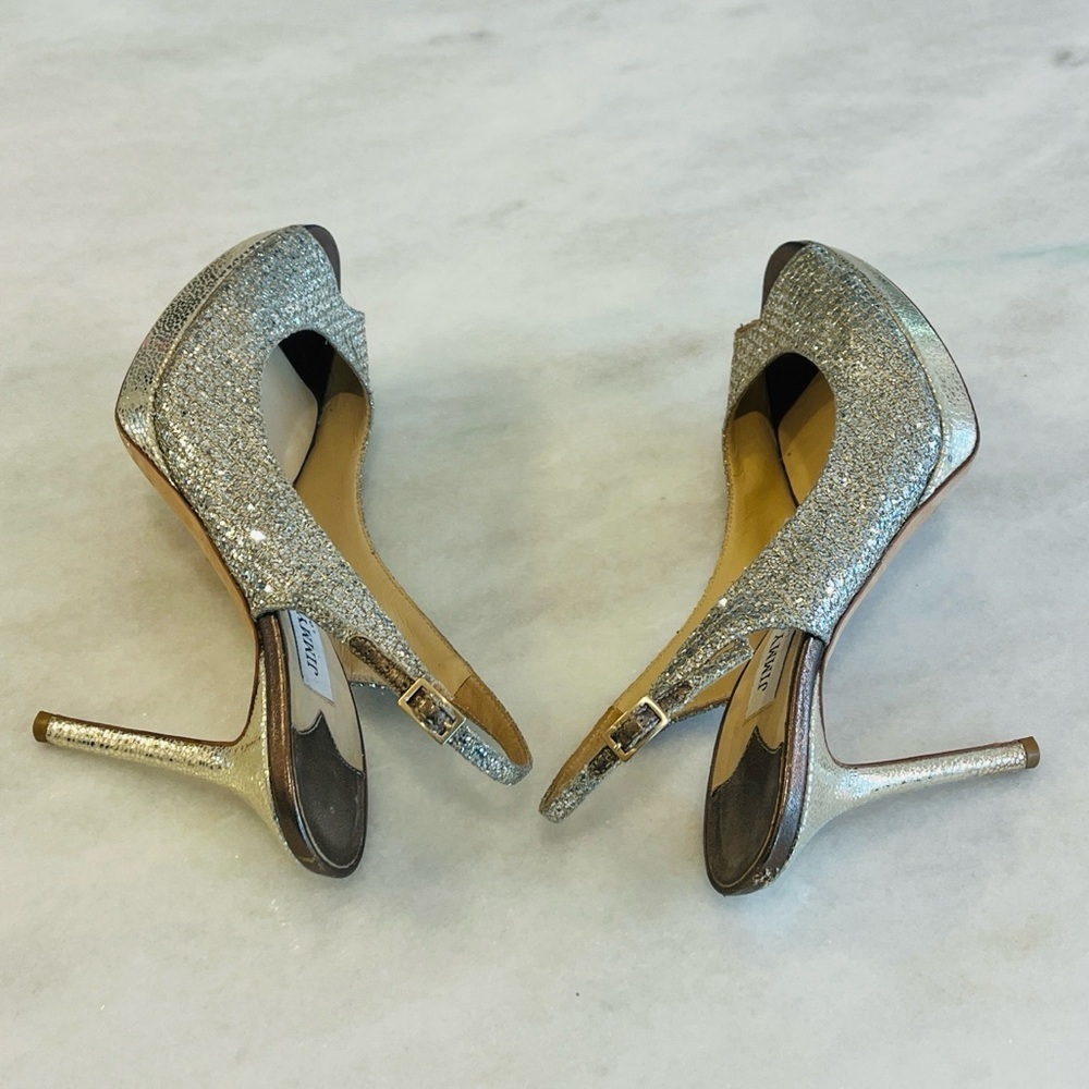Jimmy Choo 38.5 8.5 Nova Champagne Glitter Gold Silver Peep Toe Sling Back Heels - Picture 8 of 12
